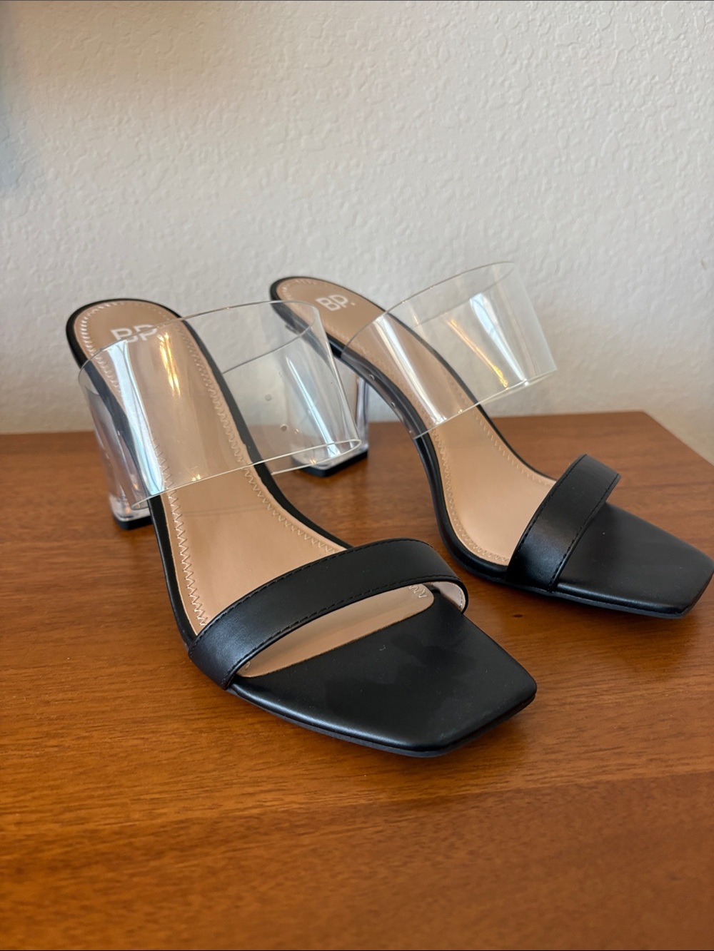 bp Black and Clear Double Strap Block Heel Sandals